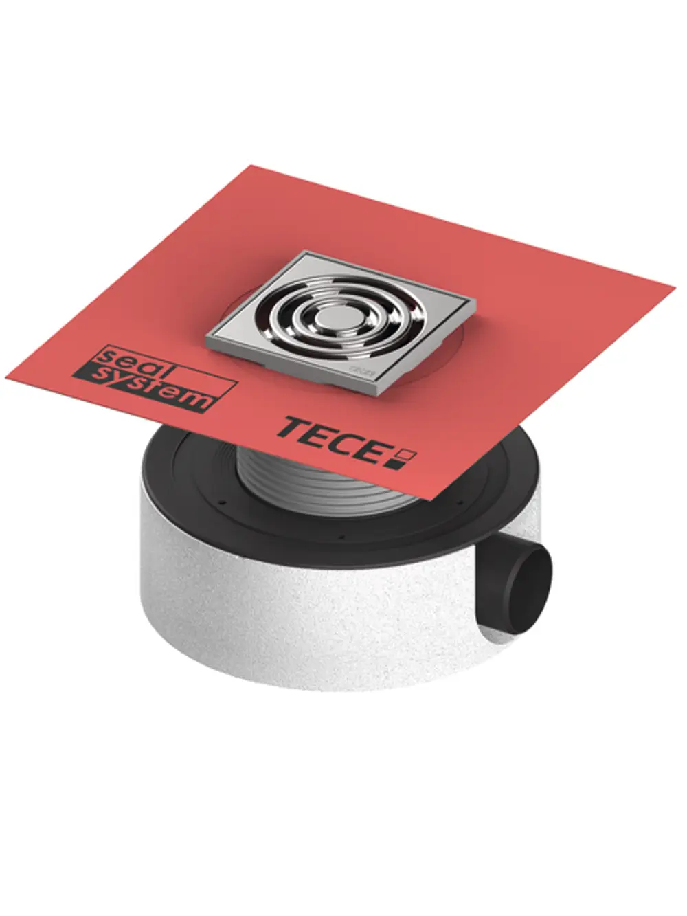 Ablaufsystem von TECE mit quadratischem Gitter und braunem Dichtungsring, montiert auf einem runden Abflusskörper.